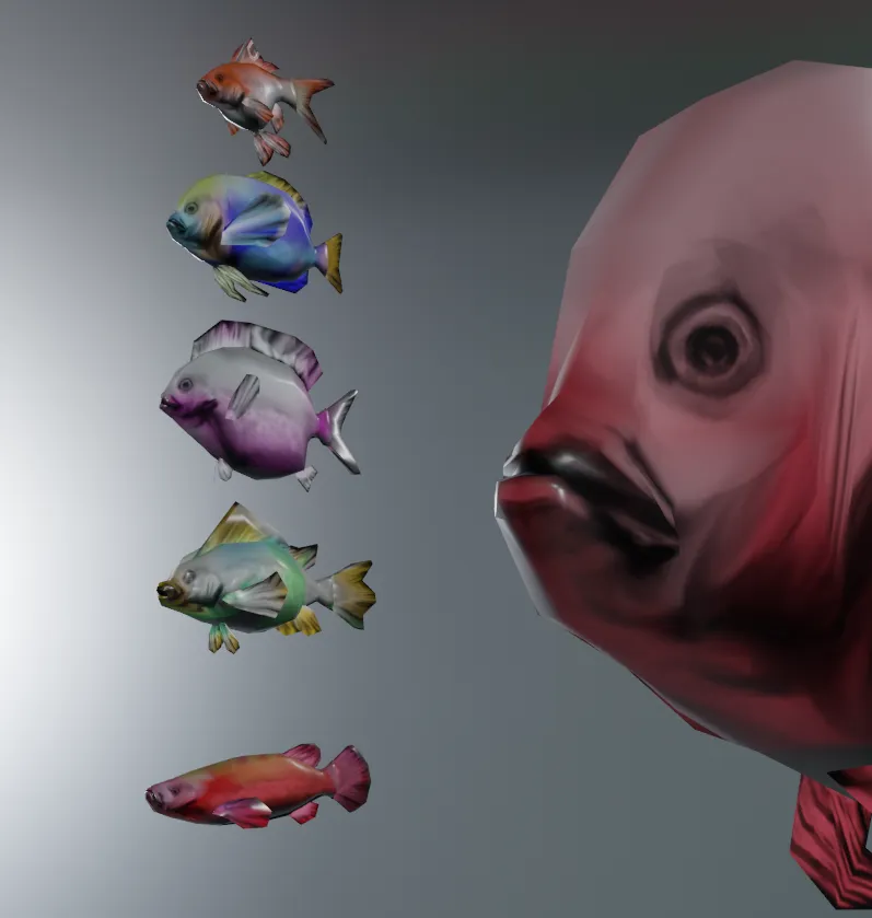 Single fish mesh and texture warped to differetn shapes