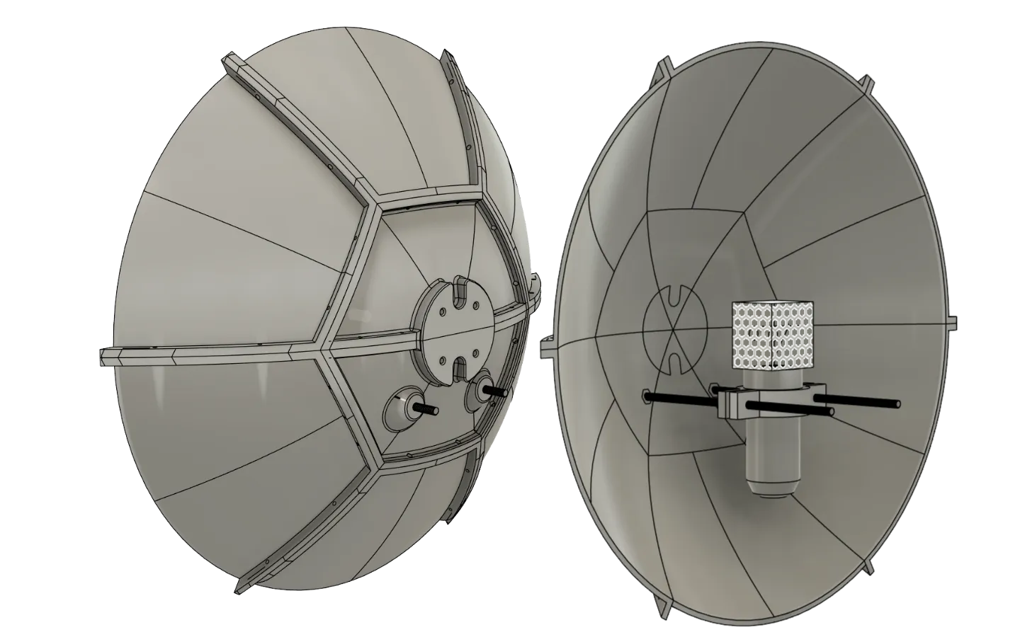 CAD render, front view, dish made of segments